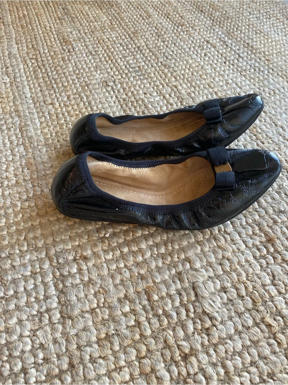 Salvatore Ferragamo Black Patent Leather Bow Ballet Flats